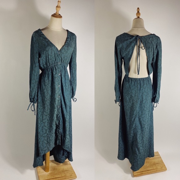 Saltwater Luxe Dresses & Skirts - SALTWATER LUXE Open Back Long Sleeve Embroidered Teal Maxi Dress Womens XS